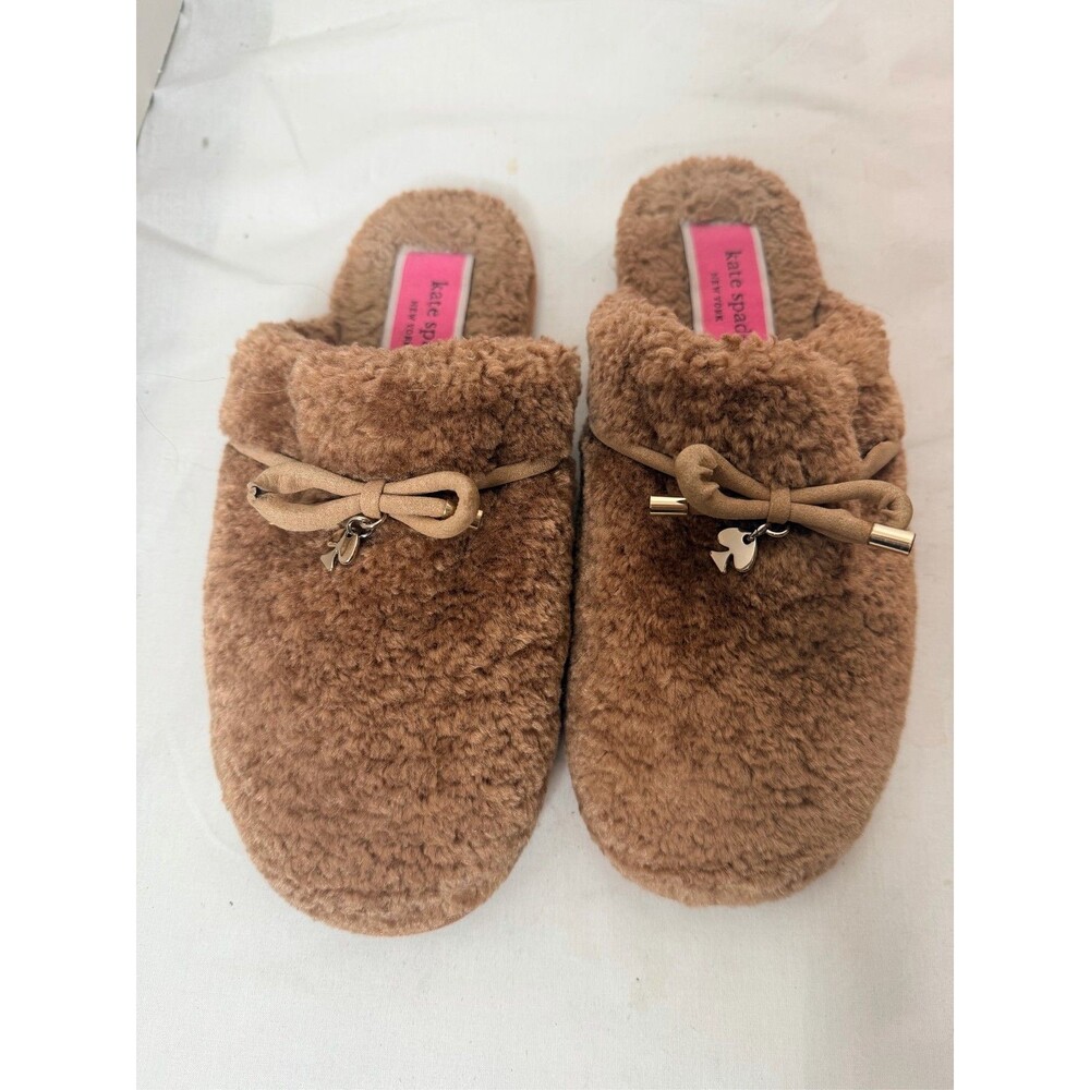 Kate Spade New York Brown Faux Fur Slippers Slide Mules Bow Logo Women sz 7-8